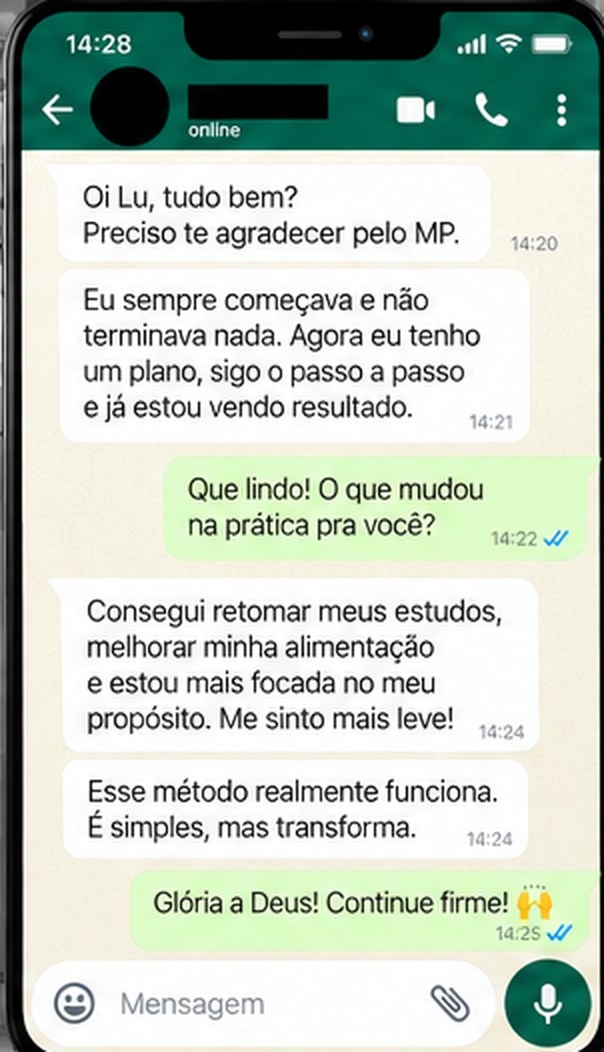 Print de conversa: uma aluna conta que sempre comecava e nao terminava nada e que agora segue um plano passo a passo.