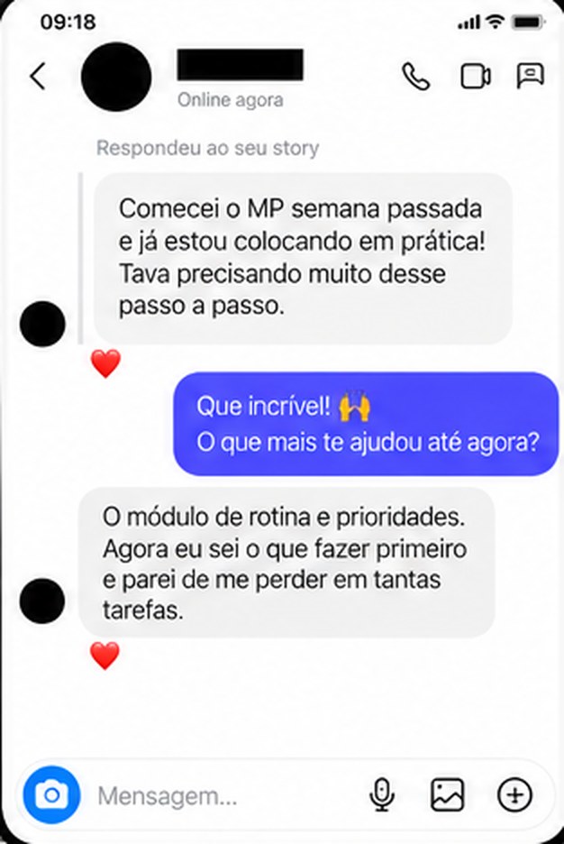 Print de conversa: uma aluna conta que o modulo de rotina e prioridades a ajudou a saber o que fazer primeiro.