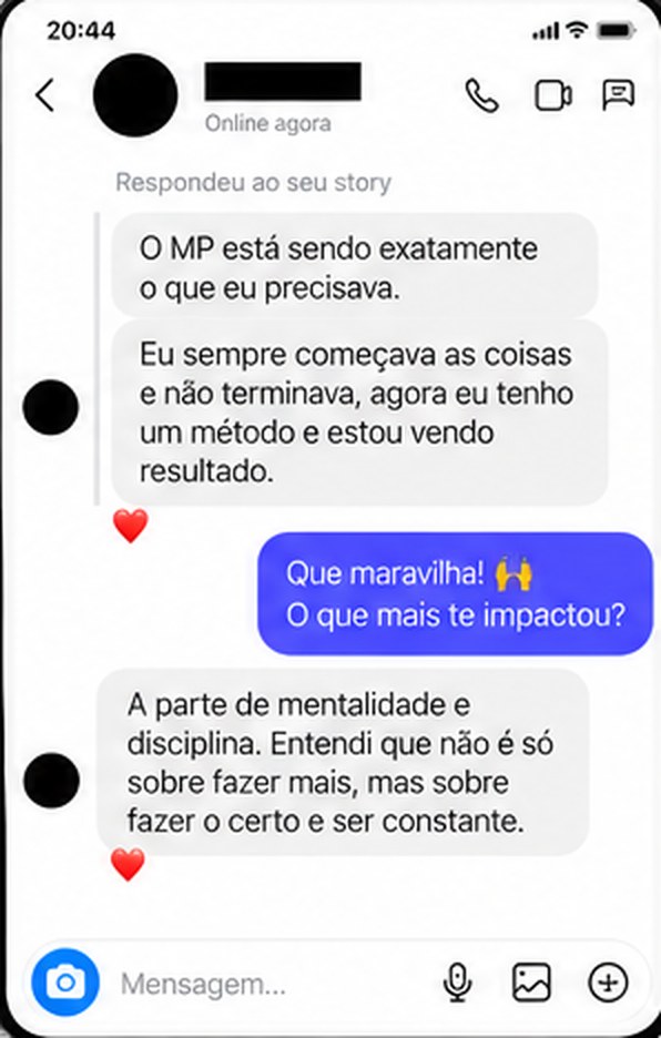 Print de conversa: uma aluna conta que o MP era exatamente o que precisava e que agora tem um metodo e ve resultado.